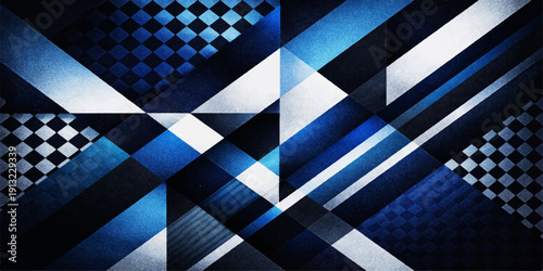 Seamless geometric pattern of black and white striped metal with a checkered race flag design featuring a blue F1 competition backdrop for a textured chess finish