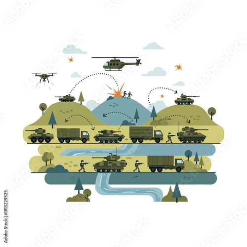 Military Operation Scene with Tanks, Helicopter, Drone, and Soldiers in Flat Design