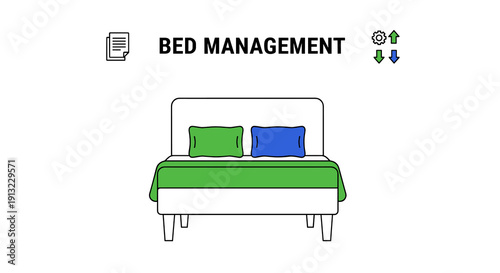 An illustration of a hospital bed with green and blue bedding is centered with Bed Management text above.