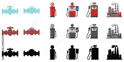 Industrial equipment and gas station pumps in multiple colors and styles fuel