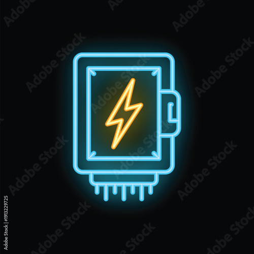 Glowing neon sign of an electric meter with a lightning bolt symbol on a black background, representing electricity consumption and power supply