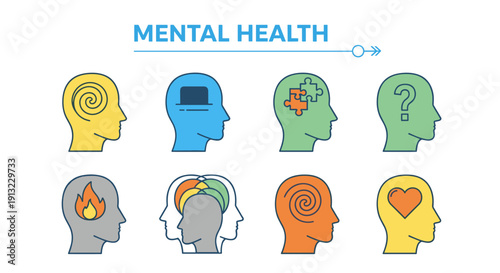 A colorful array of eight human head profiles visually represents mental health conditions and cognitive states with distinct internal symbols.