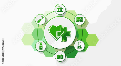 A central glowing heart and cross icon is surrounded by six circular health icons in a green hexagonal diagram on white.