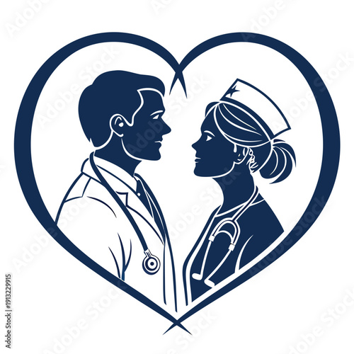 A heartwarming silhouette of a doctor and nurse creates a loving heart shape symbolizing care and dedication to health