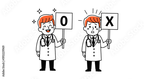 Two doctors holding signs, one happy with a O for correct and one sad with an X for incorrect.