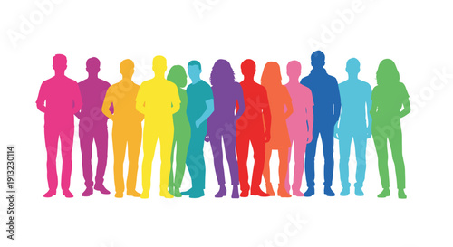 A diverse group of men and women stand together in colorful silhouettes, facing forward on a white background.