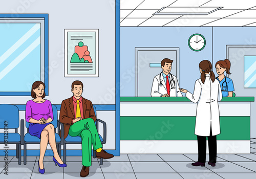 Patients wait in chairs while medical staff talk at the reception desk in a busy hospital waiting room.