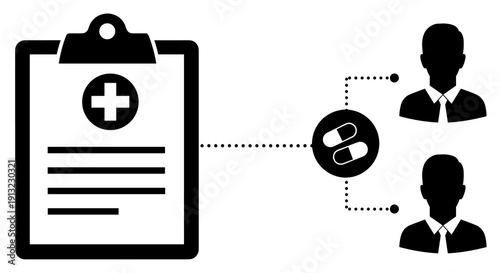 Medical clipboard with a cross symbol is connected by dotted lines to a capsule icon and two male silhouettes.
