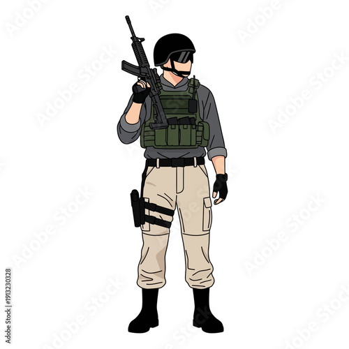 Modern Soldier Standing with Assault Rifle, Tactical Gear, and Body Armor