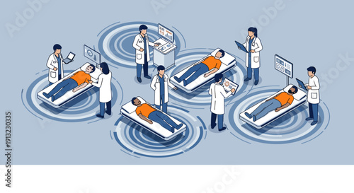 Doctors in medical coats examine patients lying on hospital beds surrounded by circular data patterns and digital screens.