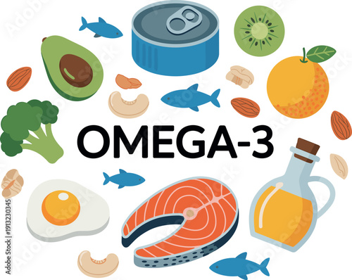 Omega 3 Rich Foods Illustration Salmon Fish Avocado Nuts and Healthy Nutrition Vector Design