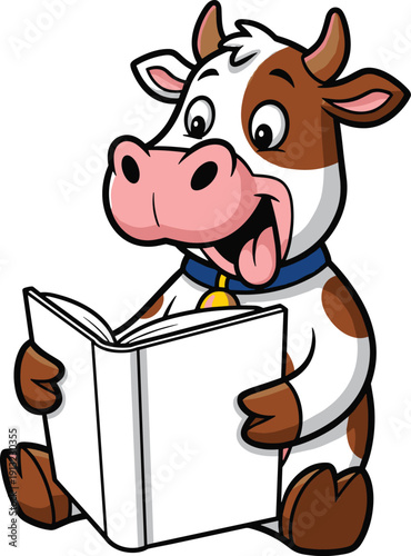 Cute Cartoon Cow Character Sitting And Reading A Book For Education Literacy School Library Or Farm Animal Storytelling Concept Vector Illustration Isolated On White