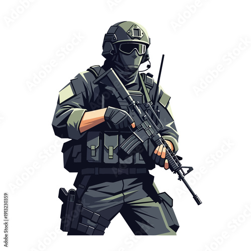 Modern Soldier with Assault Rifle, Tactical Gear, and Helmet - Digital Art