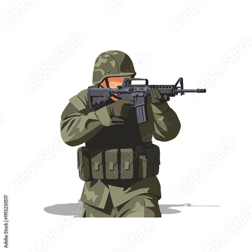 Soldier aiming assault rifle, wearing camouflage uniform and helmet, isolated on white