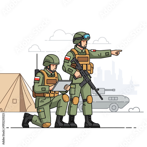 Polish Soldiers Planning Mission with Tablet and Rifle