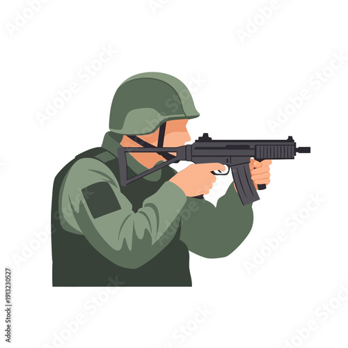 Soldier aiming automatic rifle, tactical gear, military action illustration