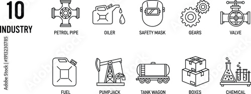 Industry icons with labels for petrol pipe, oiler, safety mask, gears, valve, fuel, pump jack, tank wagon, boxes, chemical