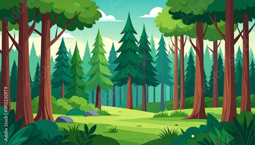 Vibrant fantasy forest landscape with towering trees and magical meadow in golden sunlight