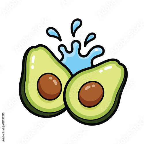 Fresh Avocado Halves with Splashing Water Droplets Illustration