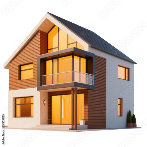 Modern house with balcony and warm lighting at night on 19th street