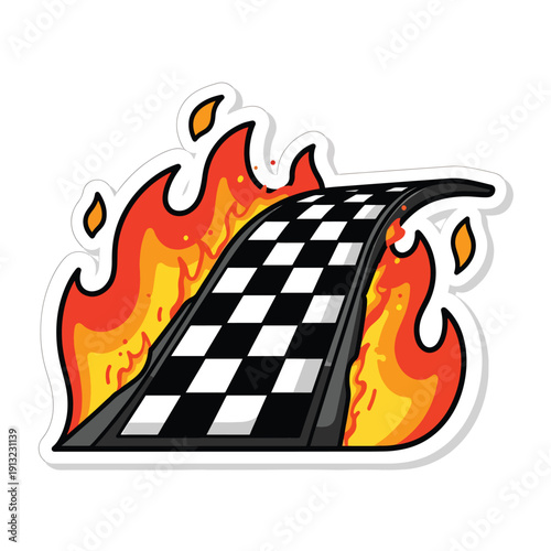 Racing track with checkered flag and flames illustration graphic design