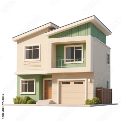 A 3D illustration of a modern two-story house with green and beige exterior and garage