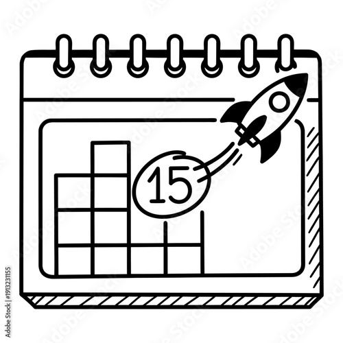 Hand drawn calendar doodle with rocket launching from circled date representing startup launch and project deadline