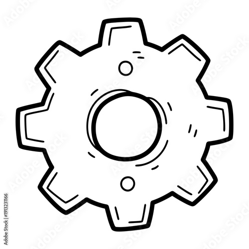 Hand drawn doodle illustration of a mechanical gear or cogwheel, isolated on white background, representing settings, engineering, or industrial process concept.