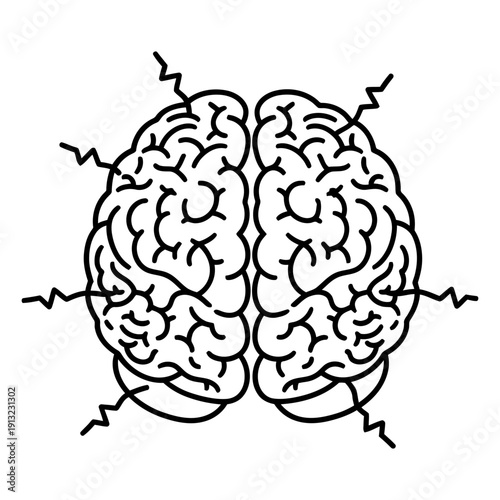 Brain activity line art icon showing stress or headache, isolated vector illustration of the human mind and neurology on a white background.