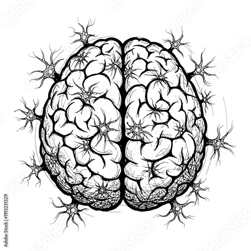 Human Brain Illustration with Active Neurons Representing Intelligence and Thought, Drawn in Black and White Sketch Style for Neuroscience and Psychology Concepts.