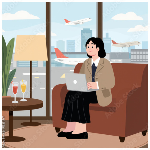 Businesswoman works on laptop in airport lounge with travel views