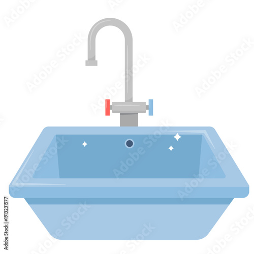 An illustration of a clean blue bathroom sink with a faucet and sparkles inside.