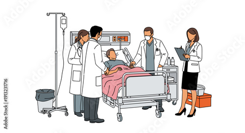 Multiple doctors and nurses surround a patient in a hospital bed with medical equipment.