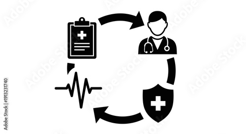 Medical data workflow is illustrated by a circular diagram connecting a doctor, health records, vital signs, and a shield symbol.