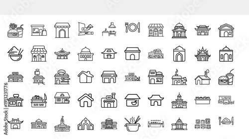 A collection of diverse minimalist black and white line art icons depicting various architectural structures and cultural landmarks high quality professional detailed modern elegant stylish