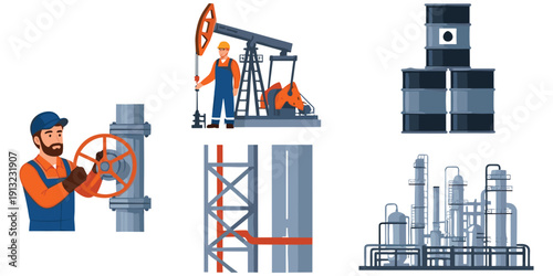 Oil Industry Scenes with Workers and Equipment Flat Illustrations vector untitled
