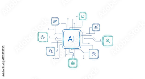 Artificial intelligence platform ecosystem illustration featuring a central AI system surrounded by connected digital service modules representing automation tools, analytics engines, data processing 