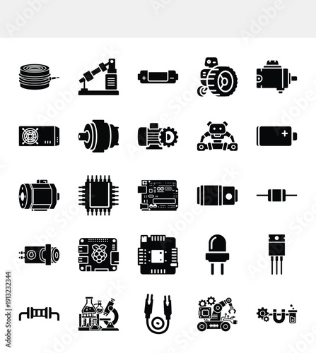 This image showcases a collection of black glyph icons representing various components of robotics automation and electrical engineering high quality professional detailed modern elegant stylish