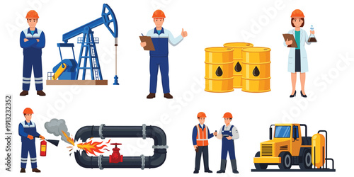 Oil industry workers and equipment including pumpjack barrels and burning pipeline Keywords: oil industry, oil pumpjack, oil