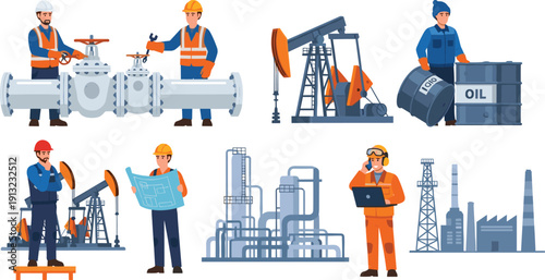 Oil Industry Workers and Refinery Flat Illustrations Set vector untitled