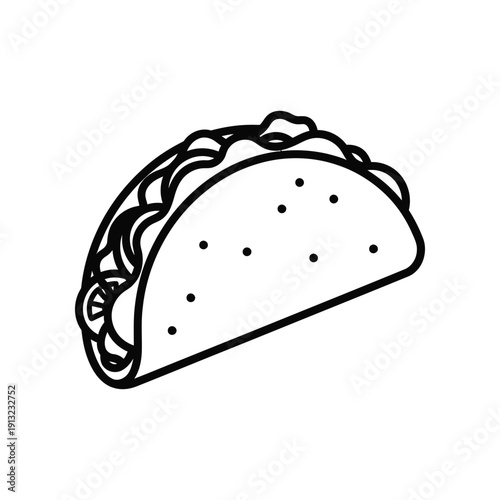 A stylized black and white illustration of a taco wrapped in a tortilla