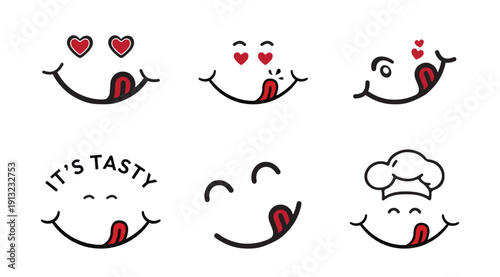 Cute Tasty Face Expression Icon Set Black Outline  Collection
