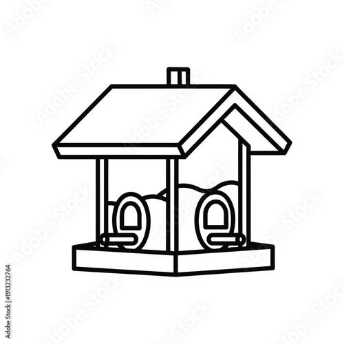 A simple line drawing of a birdhouse with perches and a slanted roof