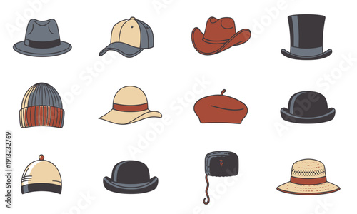 Explore a diverse collection of illustrated hats, showcasing a variety of headwear styles like fedoras, sun hats, beanies, and baseball caps, ideal for fashion themes
