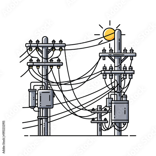 Electrical infrastructure illustration showcasing power transmission towers and wiring systems with sunlight