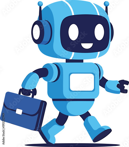 A cheerful robot character carrying a briefcase and walking with determination Vector
