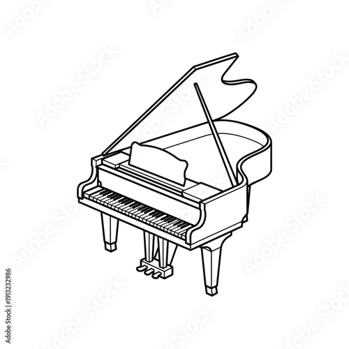 Elegant black and white grand piano drawing with detailed keys and legs.