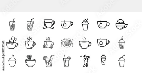A collection of black and white line art icons depicts various beverages including coffee tea smoothies and cocktails arranged in rows high quality professional detailed