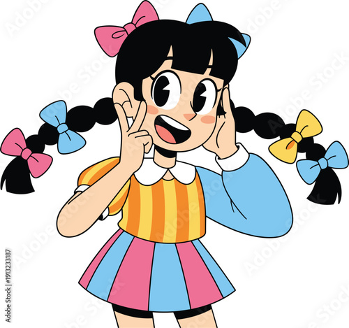 Cute Cartoon Girl Character With Braids And Many Colorful Bows Wearing A Striped Skirt And Collared Shirt For Fashion Childhood Or Playful Youth Concept Vector Illustration