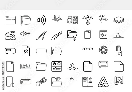 A collection of diverse black and white line art icons representing various computing office and multimedia functions and devices high quality professional detailed modern elegant